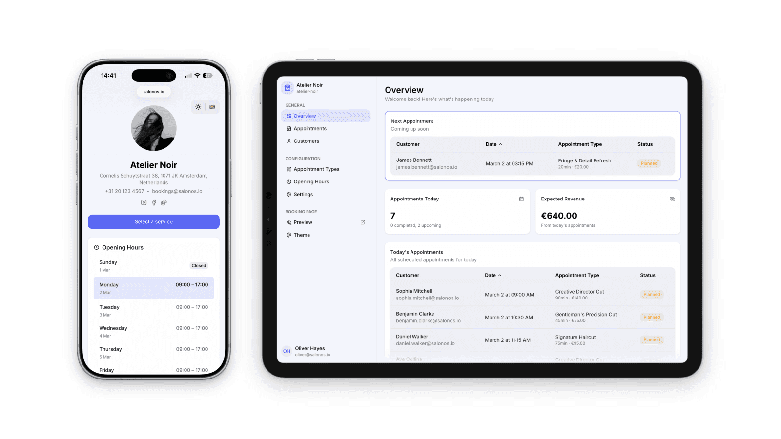 SalonOS appointment dashboard — light mode
